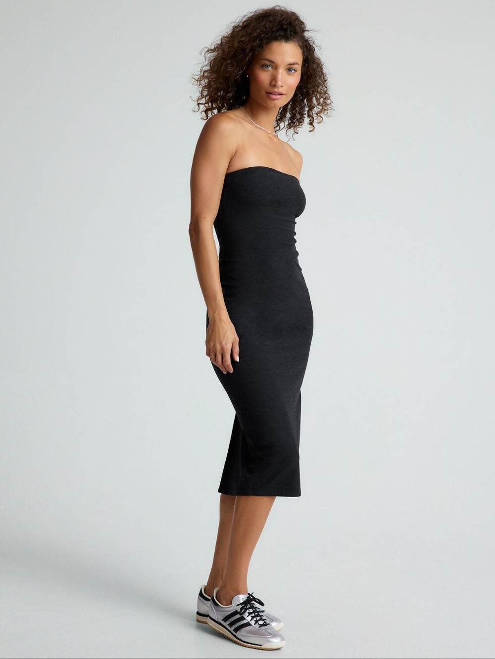 Beyond Yoga Strapless Midi Dress in Black Spacedye